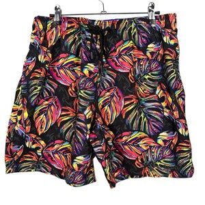 Broken Threads Shorts Small Black Tropical Leaf Print Mens Hawaiian Board Shorts